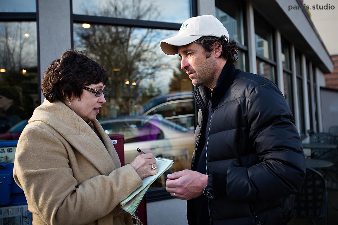 Patrick Dempsey talking to a reporter